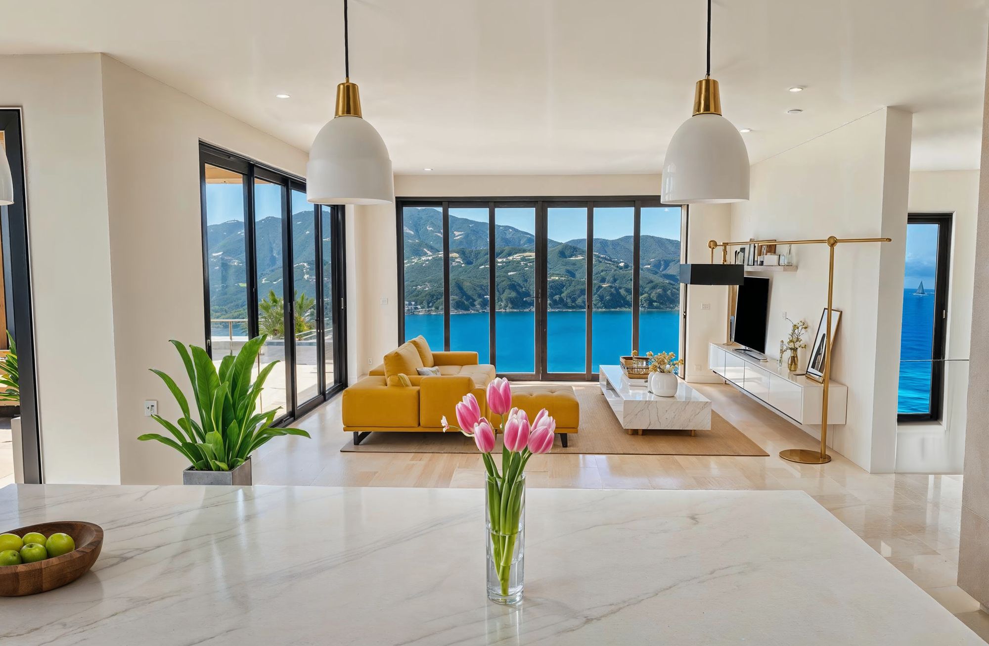 Rendering of the living room with water views